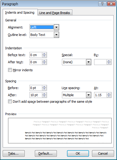 Indents and Spacing tab